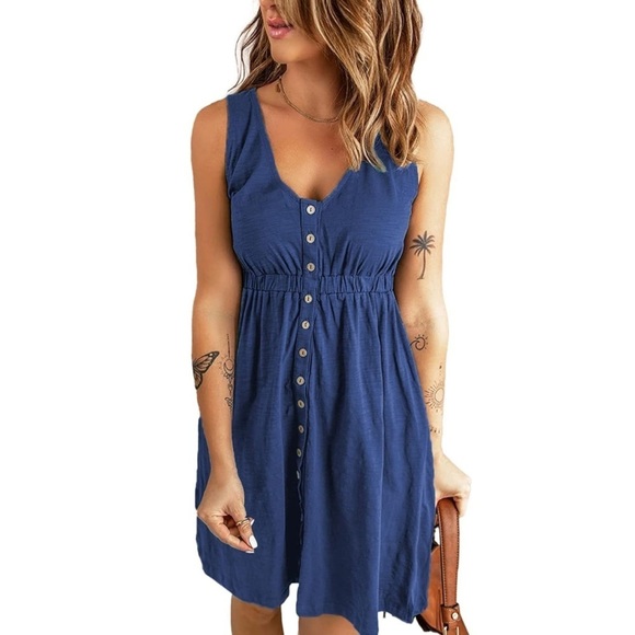 Royal Blue Casual Sleeveless Dress Button Down Beach Sundress with Pockets - Picture 2 of 10
